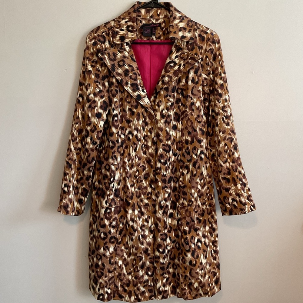 Y2K Retro Leopard Animal Print Midi Streetwear Trench Indie Coat - Size Medium - Picture 3 of 12